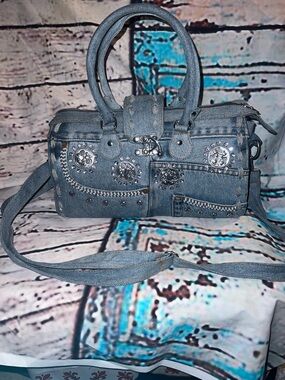 Denim Studded Satchel Handbag - Blue